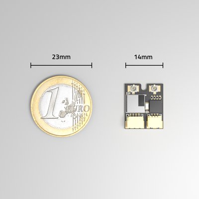 A render of Dronetag BS next to a coin, size comparison